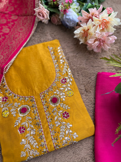 Royal Yellow–Rani Silk Suit with Exquisite Hand Embroidery & Banarasi Char