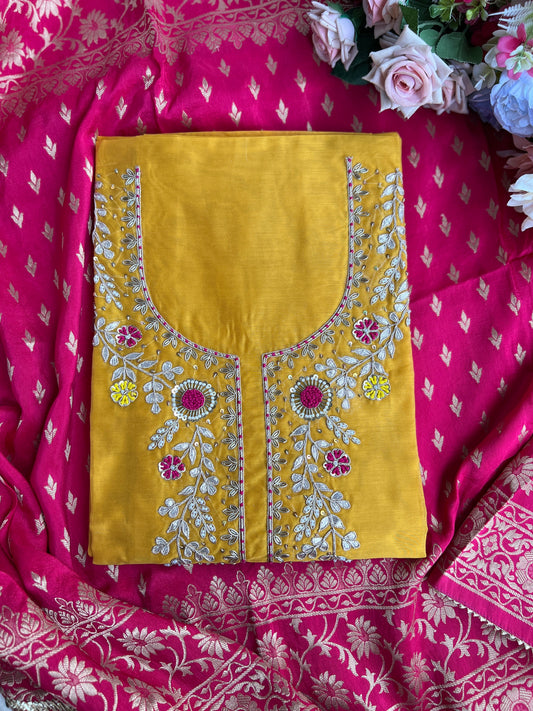 Royal Yellow–Rani Silk Suit with Exquisite Hand Embroidery & Banarasi Char