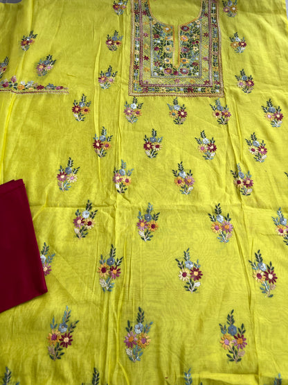 Lime Yellow  Multicolour Hand Embroidered Suit Set