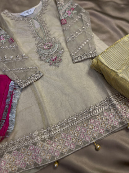 Pastel Gold Embroidered Kurta Sharara Set
