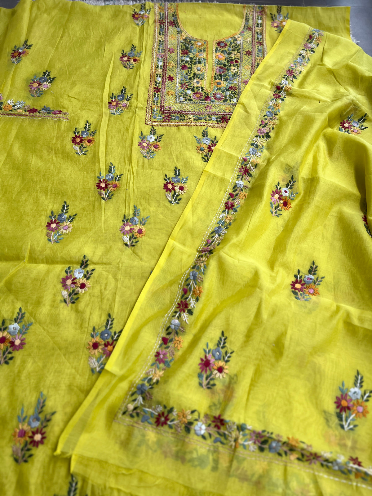 Lime Yellow  Multicolour Hand Embroidered Suit Set