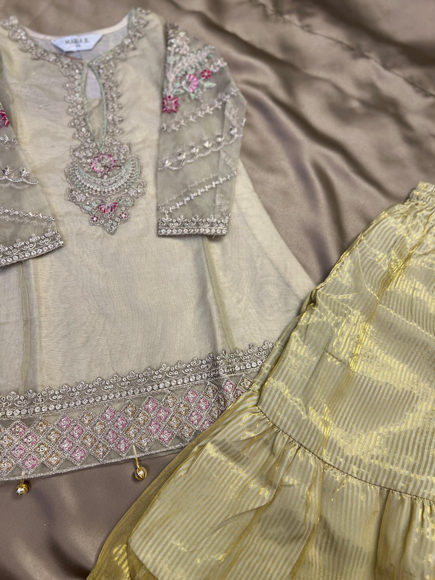 Pastel Gold Embroidered Kurta Sharara Set