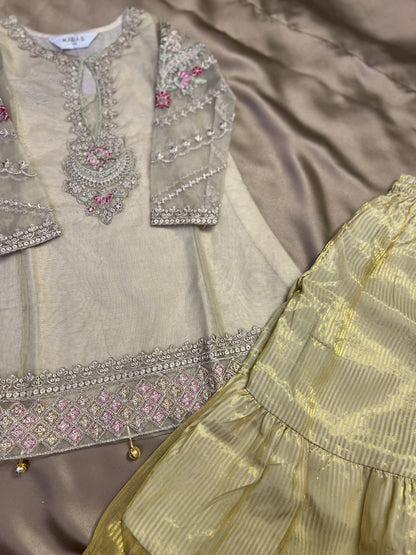Pastel Gold Embroidered Kurta Sharara Set