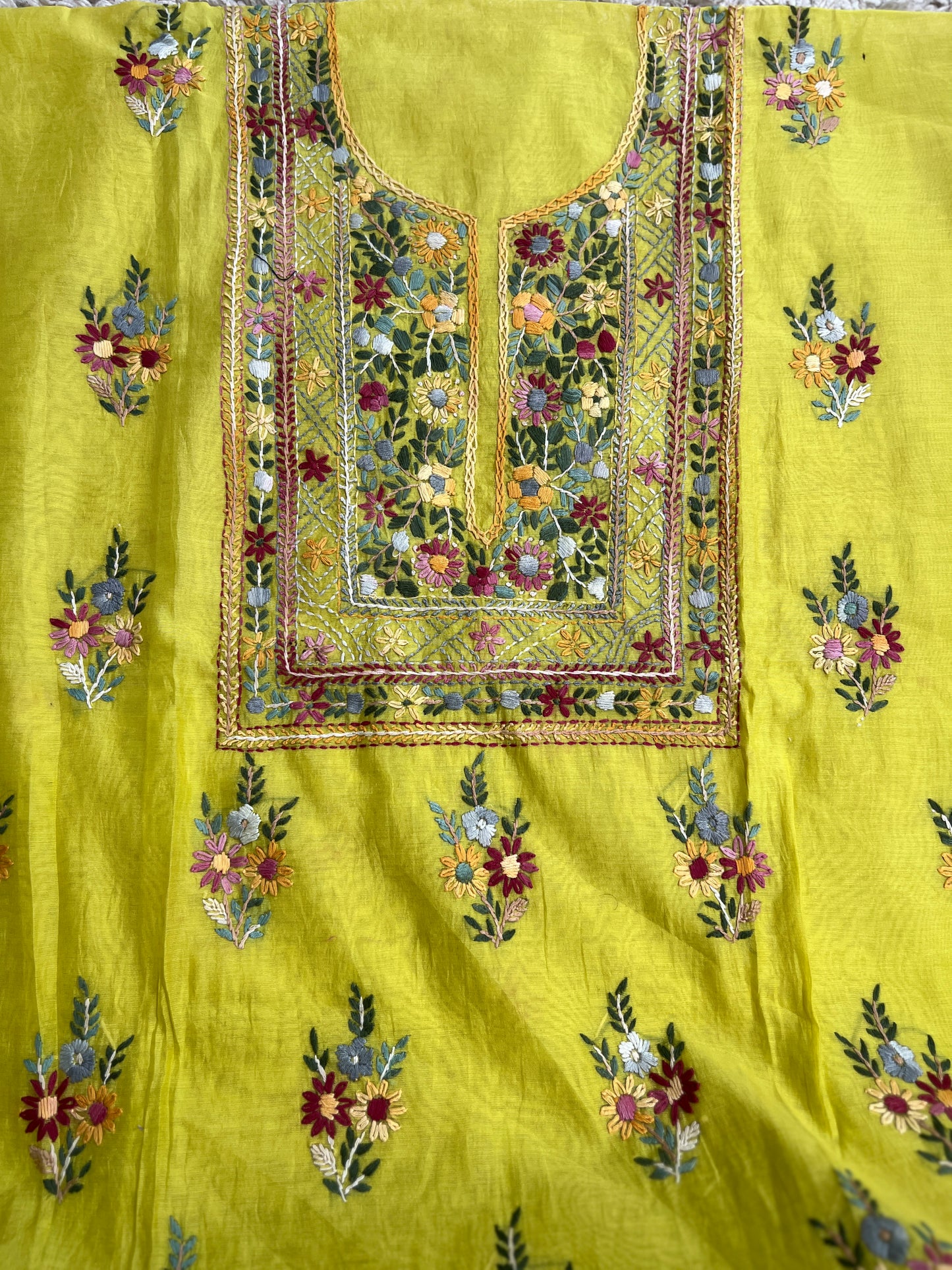 Lime Yellow  Multicolour Hand Embroidered Suit Set