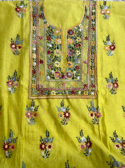 Lime Yellow  Multicolour Hand Embroidered Suit Set