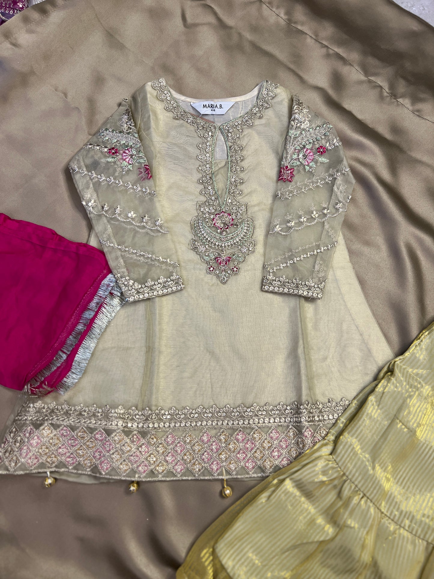 Pastel Gold Embroidered Kurta Sharara Set