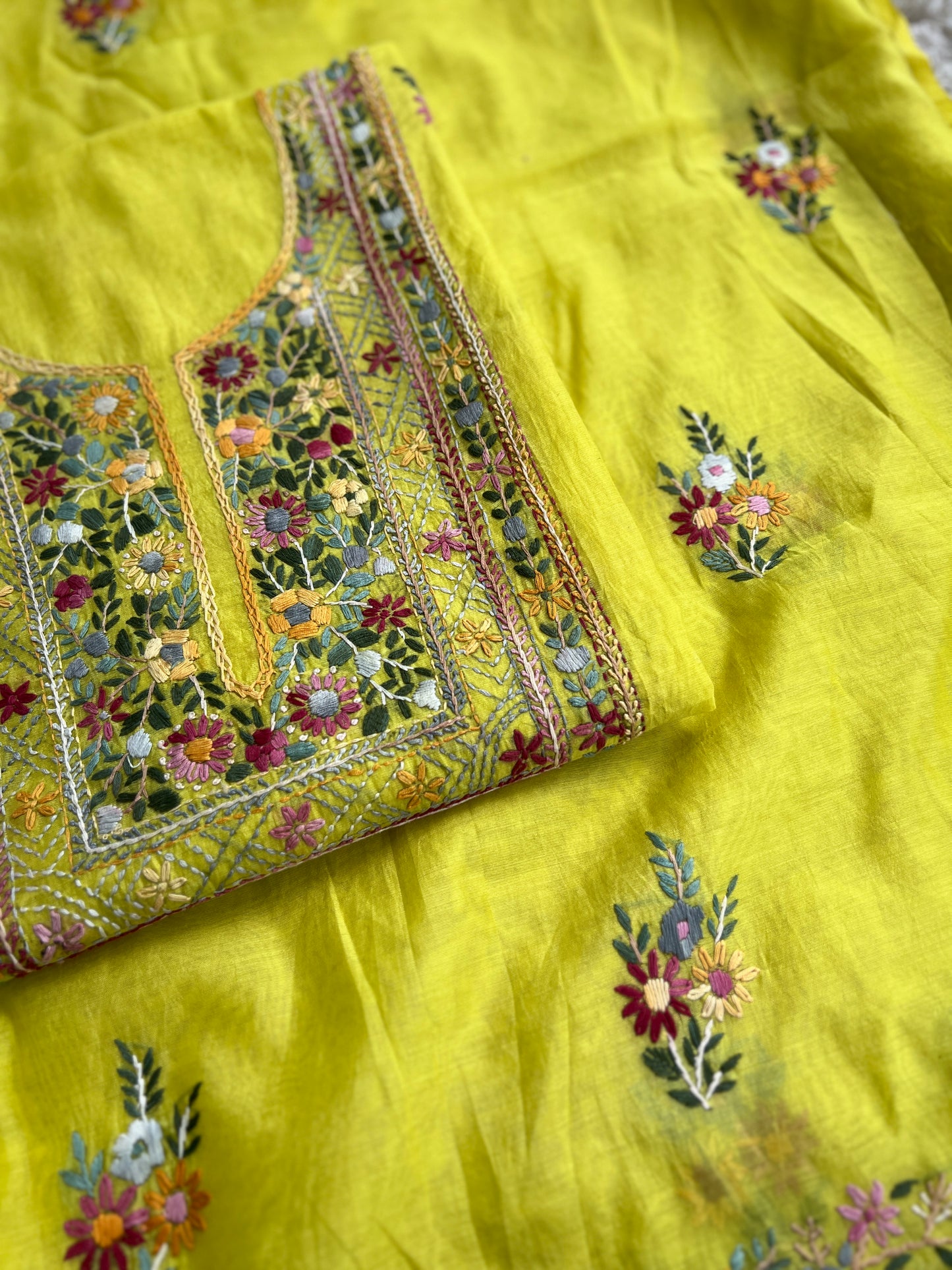 Lime Yellow  Multicolour Hand Embroidered Suit Set