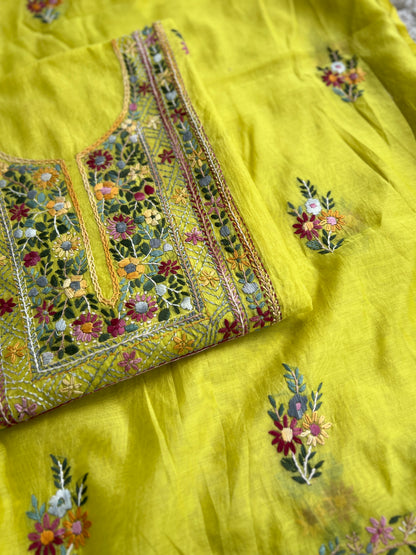 Lime Yellow  Multicolour Hand Embroidered Suit Set