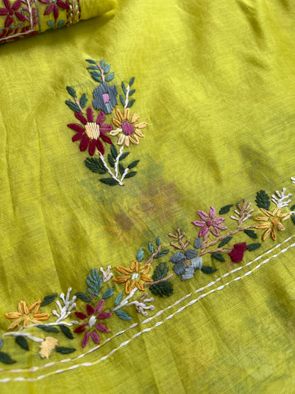 Lime Yellow  Multicolour Hand Embroidered Suit Set