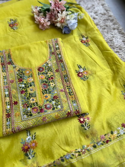 Lime Yellow  Multicolour Hand Embroidered Suit Set