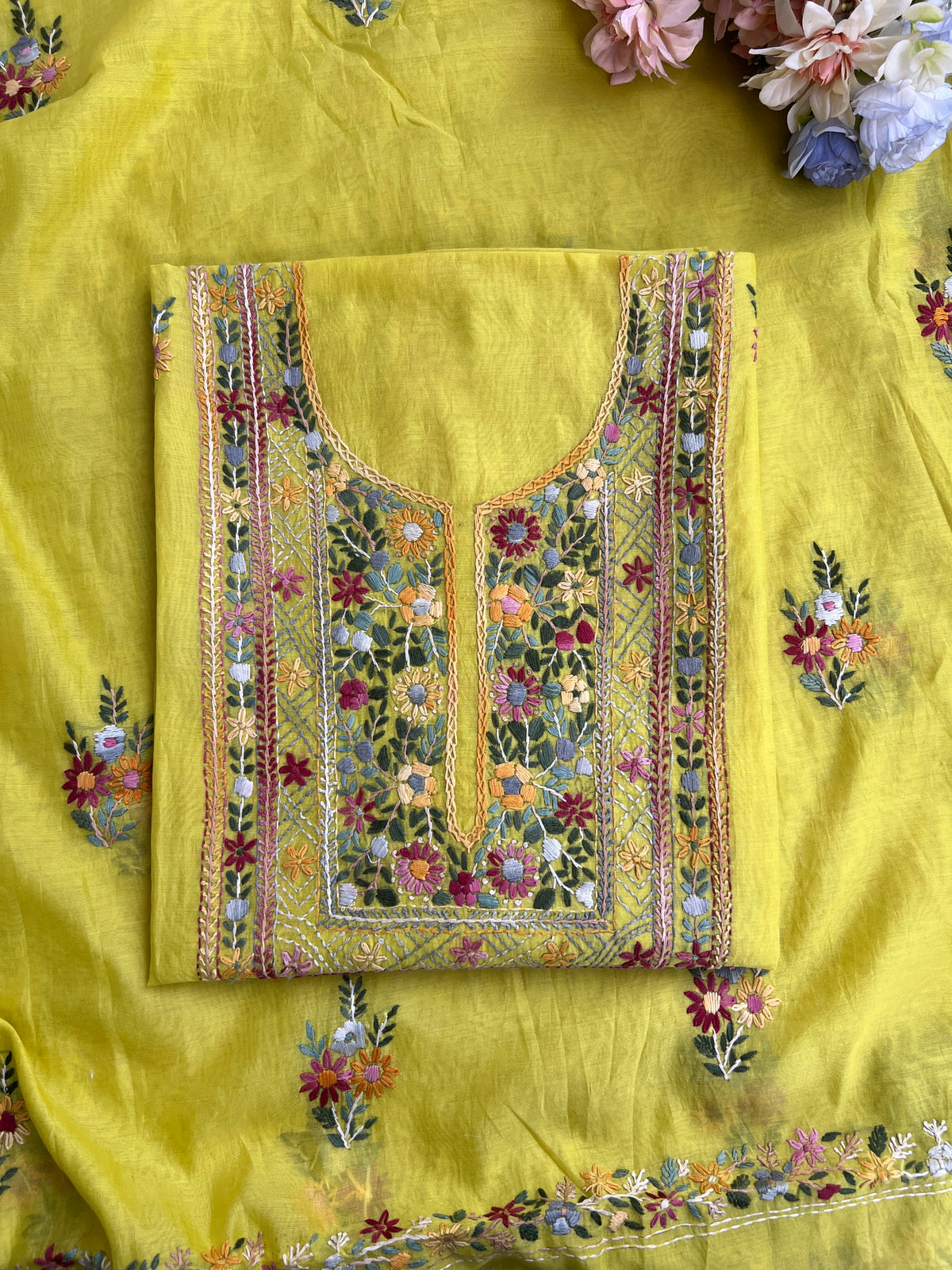 Lime Yellow  Multicolour Hand Embroidered Suit Set