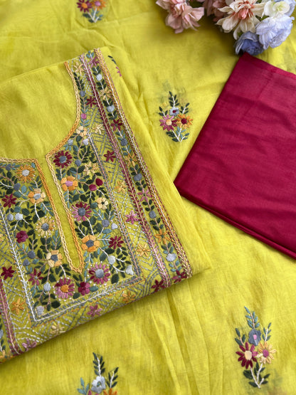Lime Yellow  Multicolour Hand Embroidered Suit Set