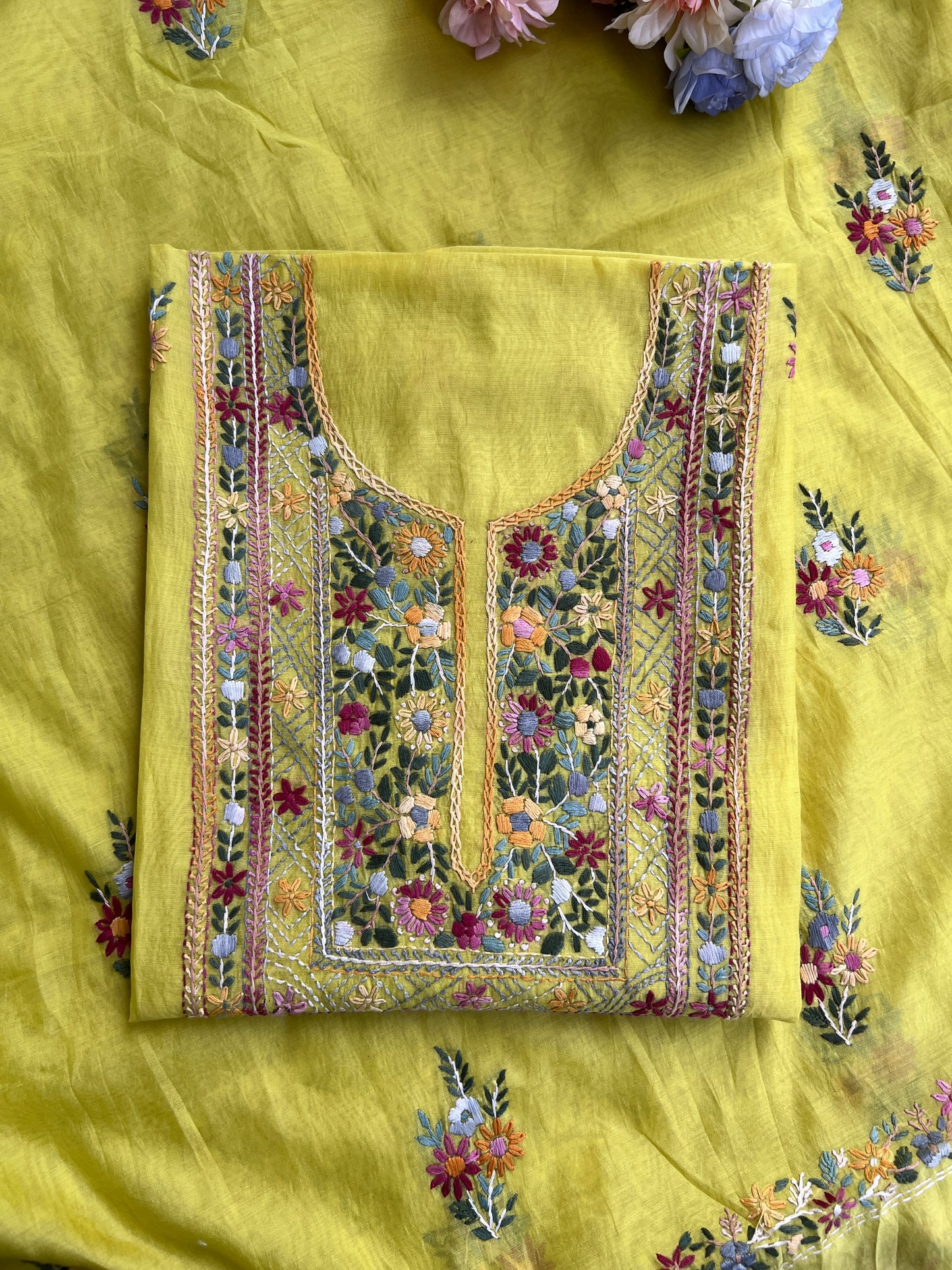 Lime Yellow  Multicolour Hand Embroidered Suit Set