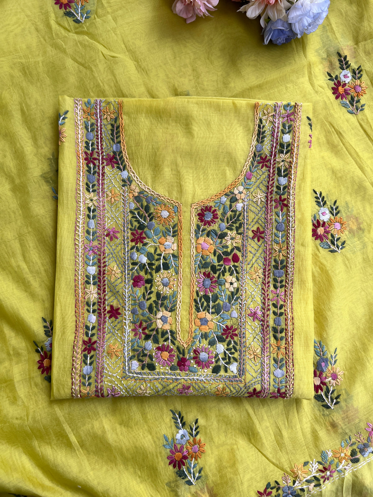 Lime Yellow  Multicolour Hand Embroidered Suit Set