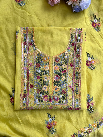 Lime Yellow  Multicolour Hand Embroidered Suit Set