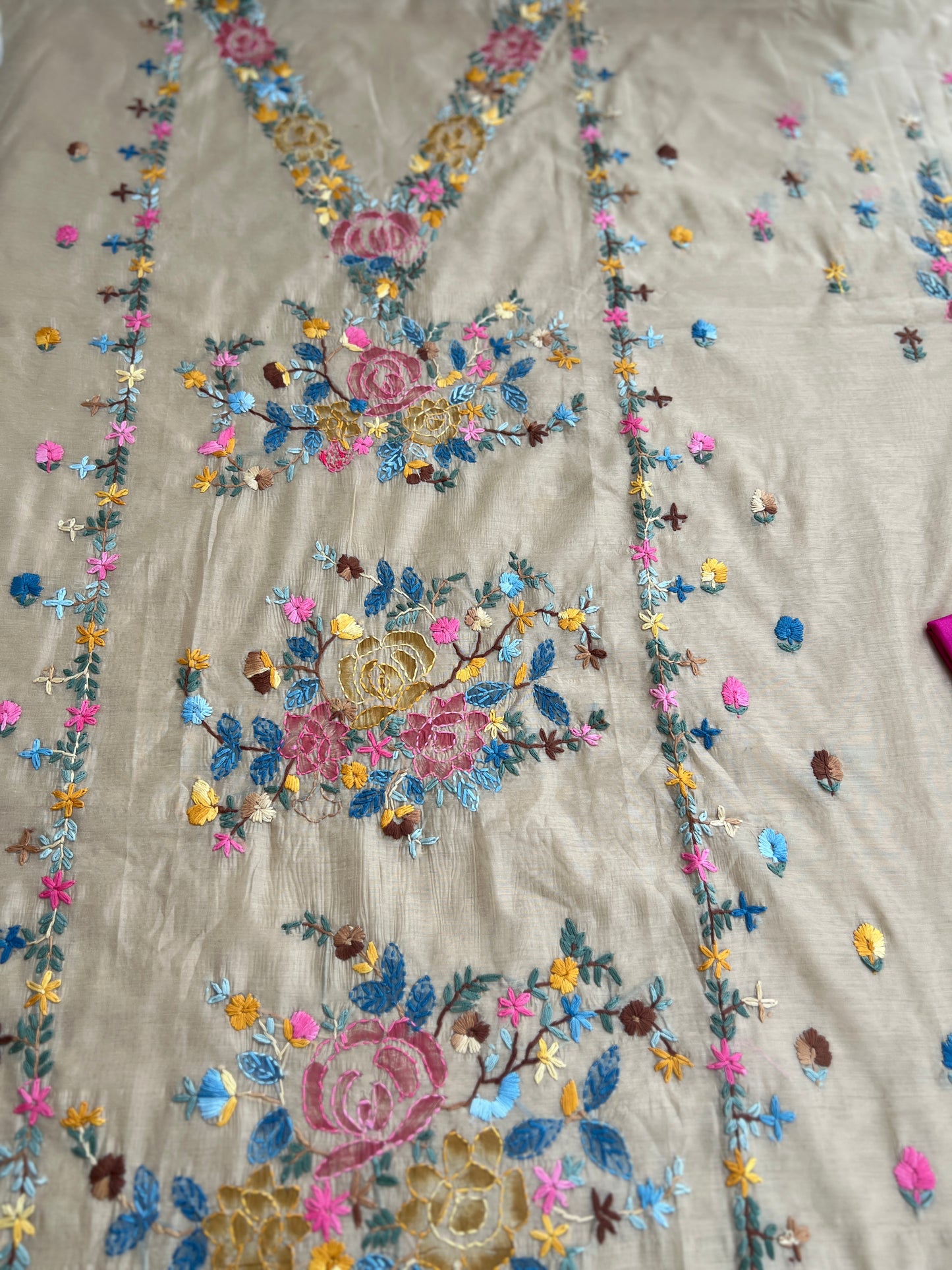 Beige Hand-Embroidered & Brush-Painted Blooms
