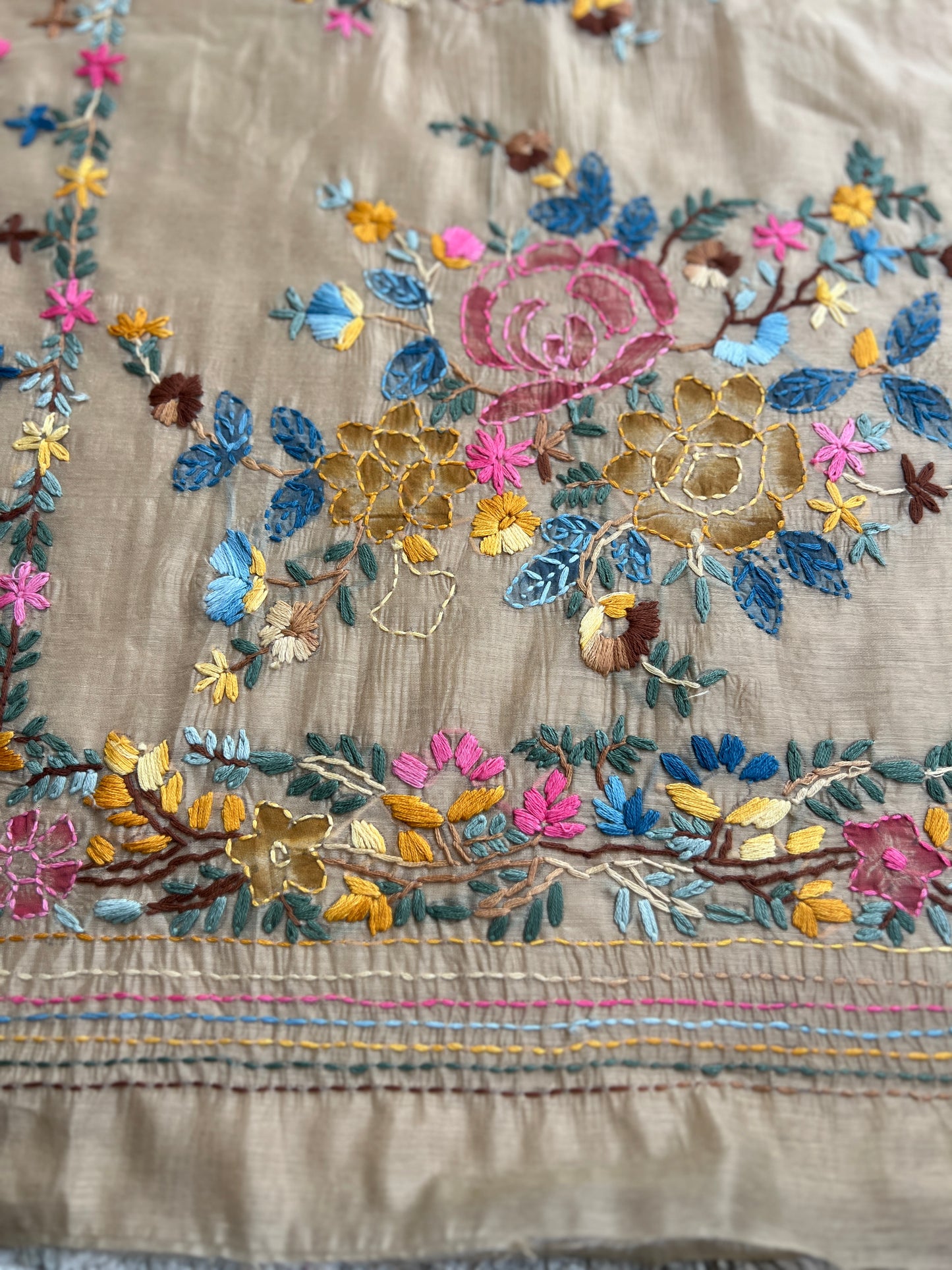 Beige Hand-Embroidered & Brush-Painted Blooms