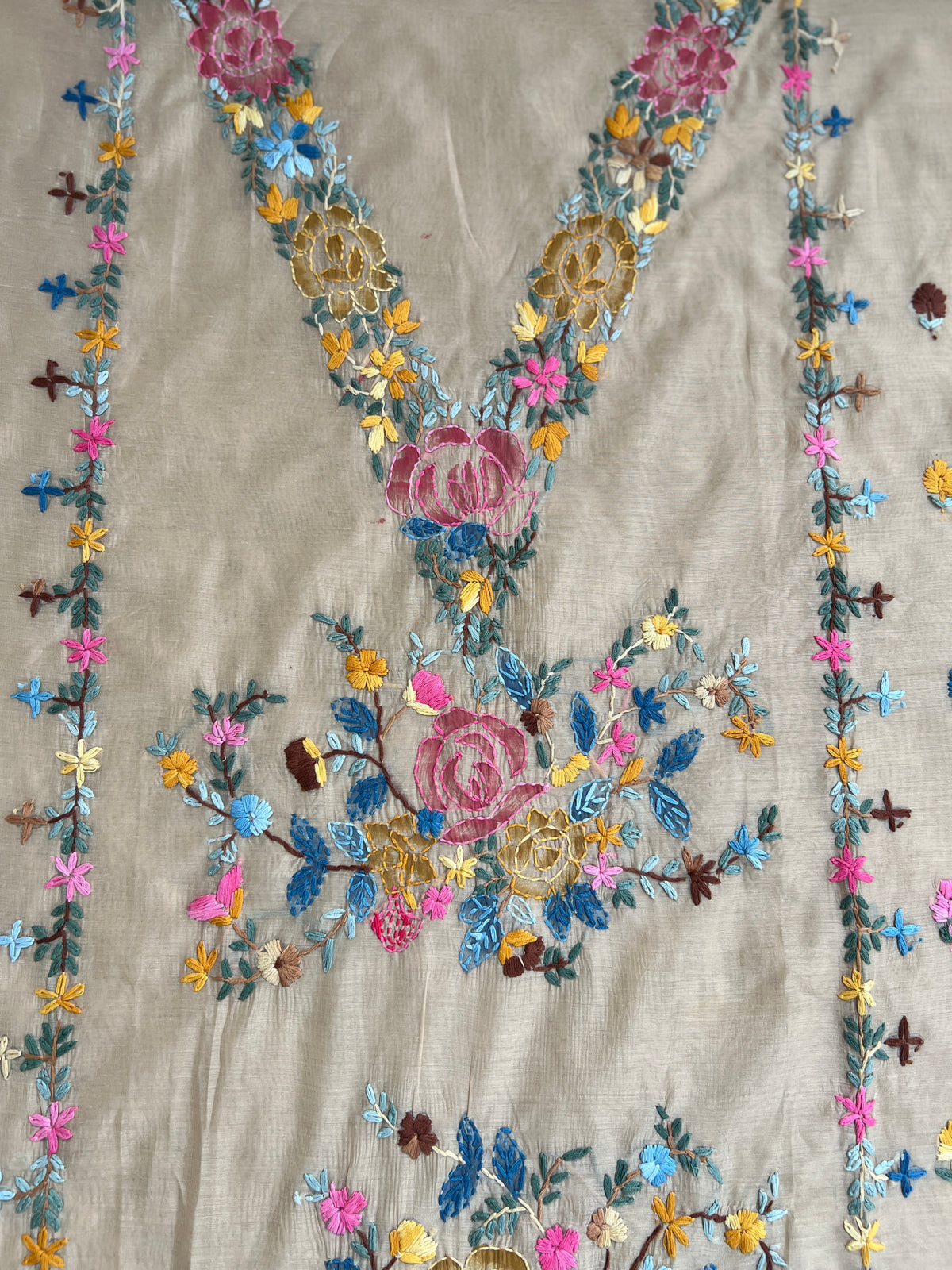 Beige Hand-Embroidered & Brush-Painted Blooms