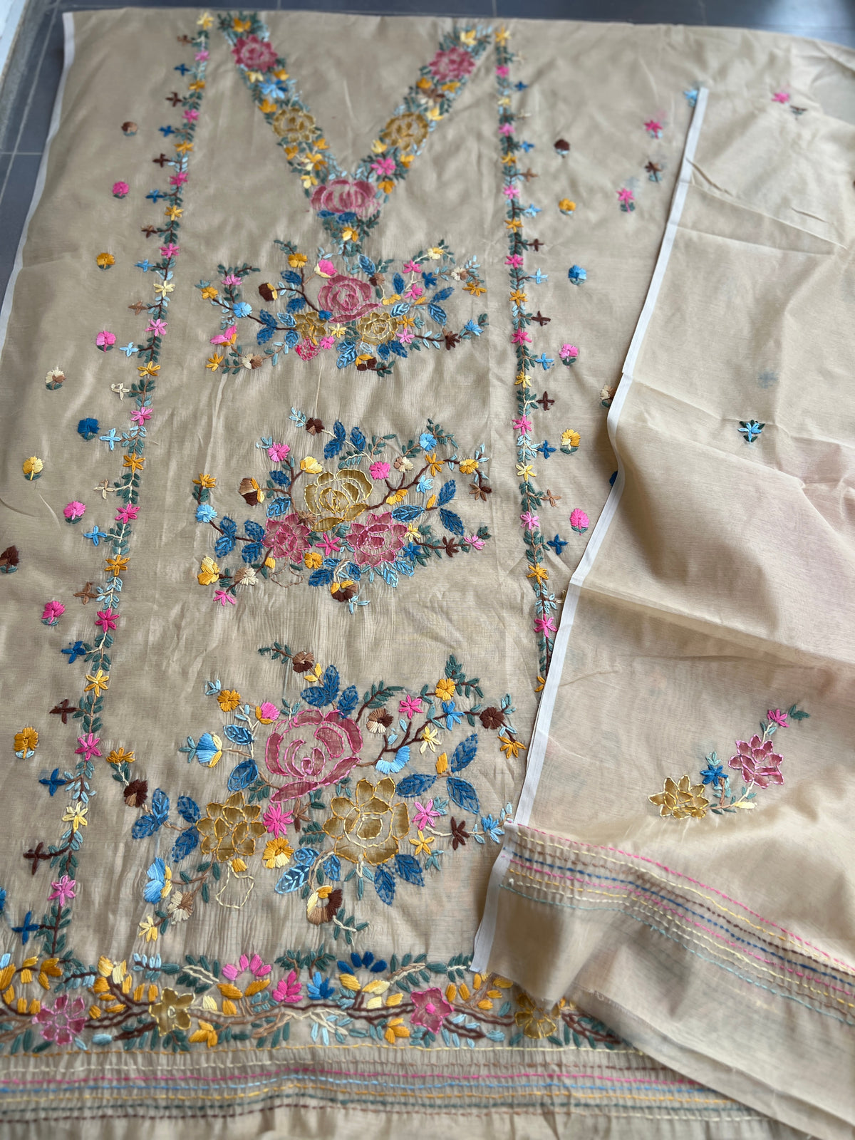 Beige Hand-Embroidered & Brush-Painted Blooms