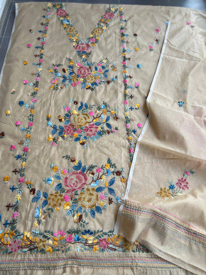 Beige Hand-Embroidered & Brush-Painted Blooms