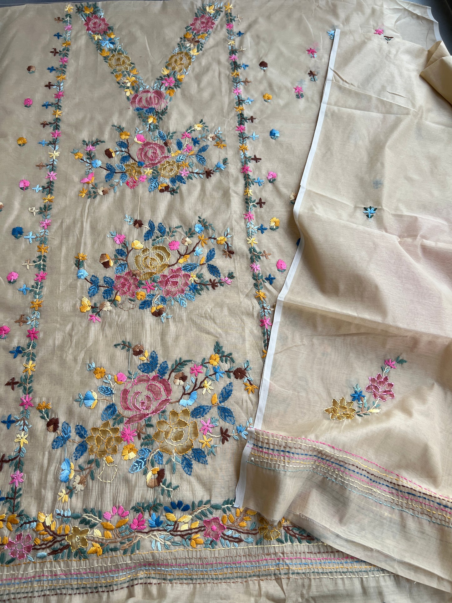 Beige Hand-Embroidered & Brush-Painted Blooms