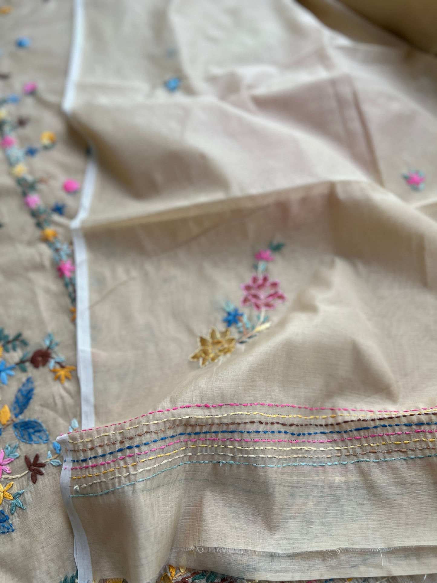 Beige Hand-Embroidered & Brush-Painted Blooms