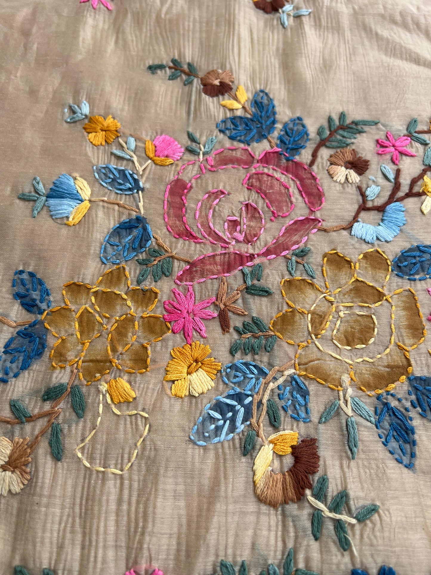 Beige Hand-Embroidered & Brush-Painted Blooms