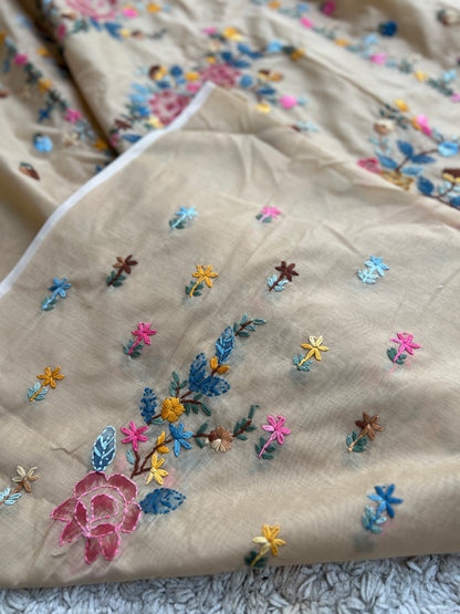 Beige Hand-Embroidered & Brush-Painted Blooms