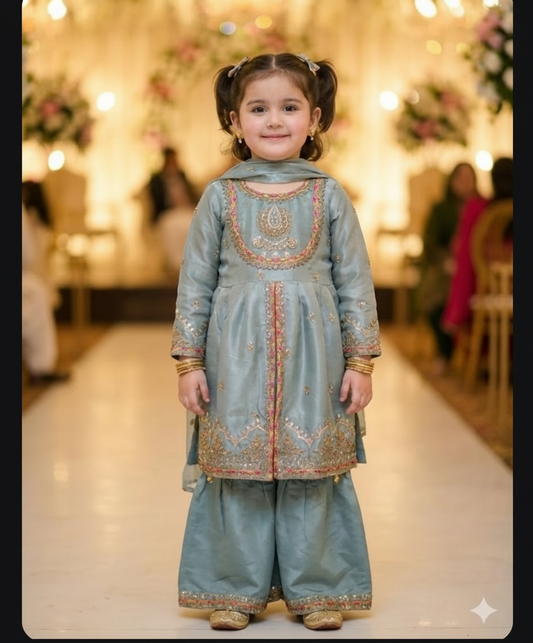 Teal Blue Soft Shimmer Silk Kids Sharara Set | Festive Elegance