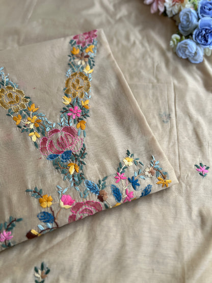 Beige Hand-Embroidered & Brush-Painted Blooms