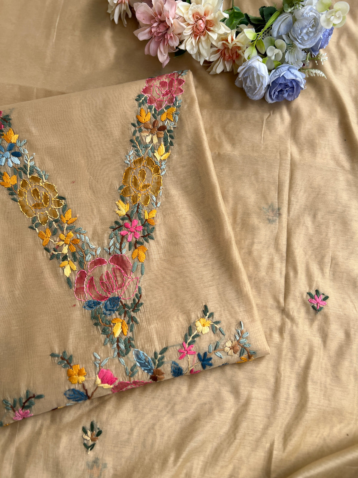 Beige Hand-Embroidered & Brush-Painted Blooms