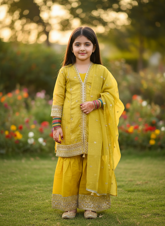 Golden Honey Glow Shimmer Silk Sharara Set – Kids Festive Edition ✨