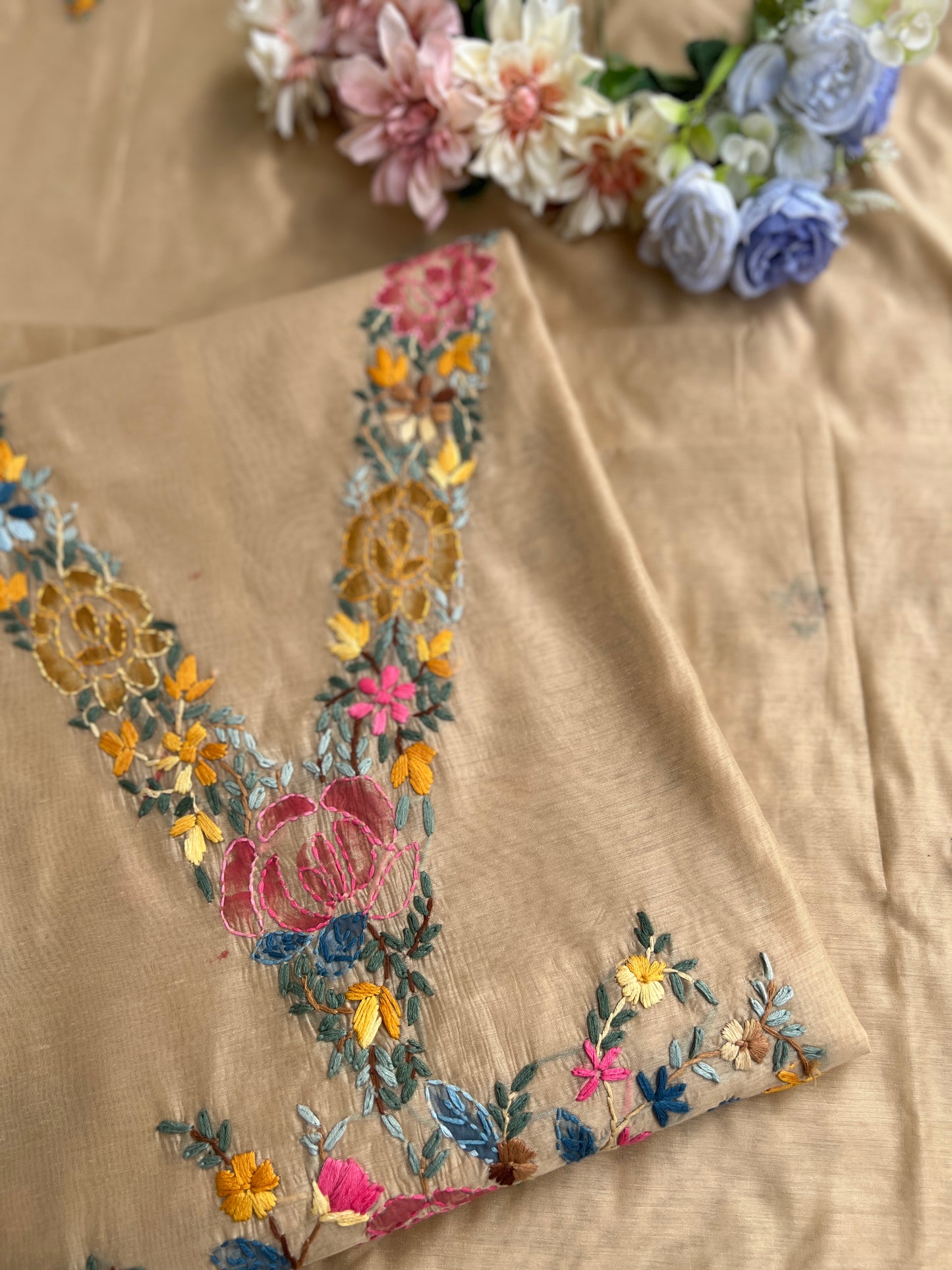 Beige Hand-Embroidered & Brush-Painted Blooms