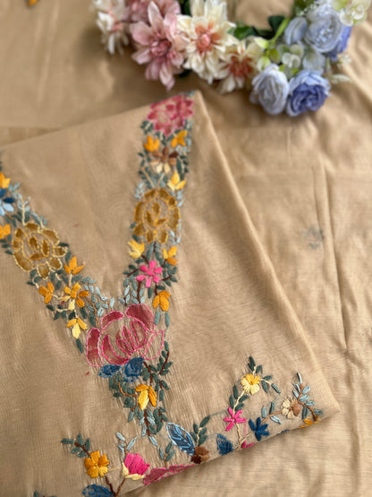 Beige Hand-Embroidered & Brush-Painted Blooms