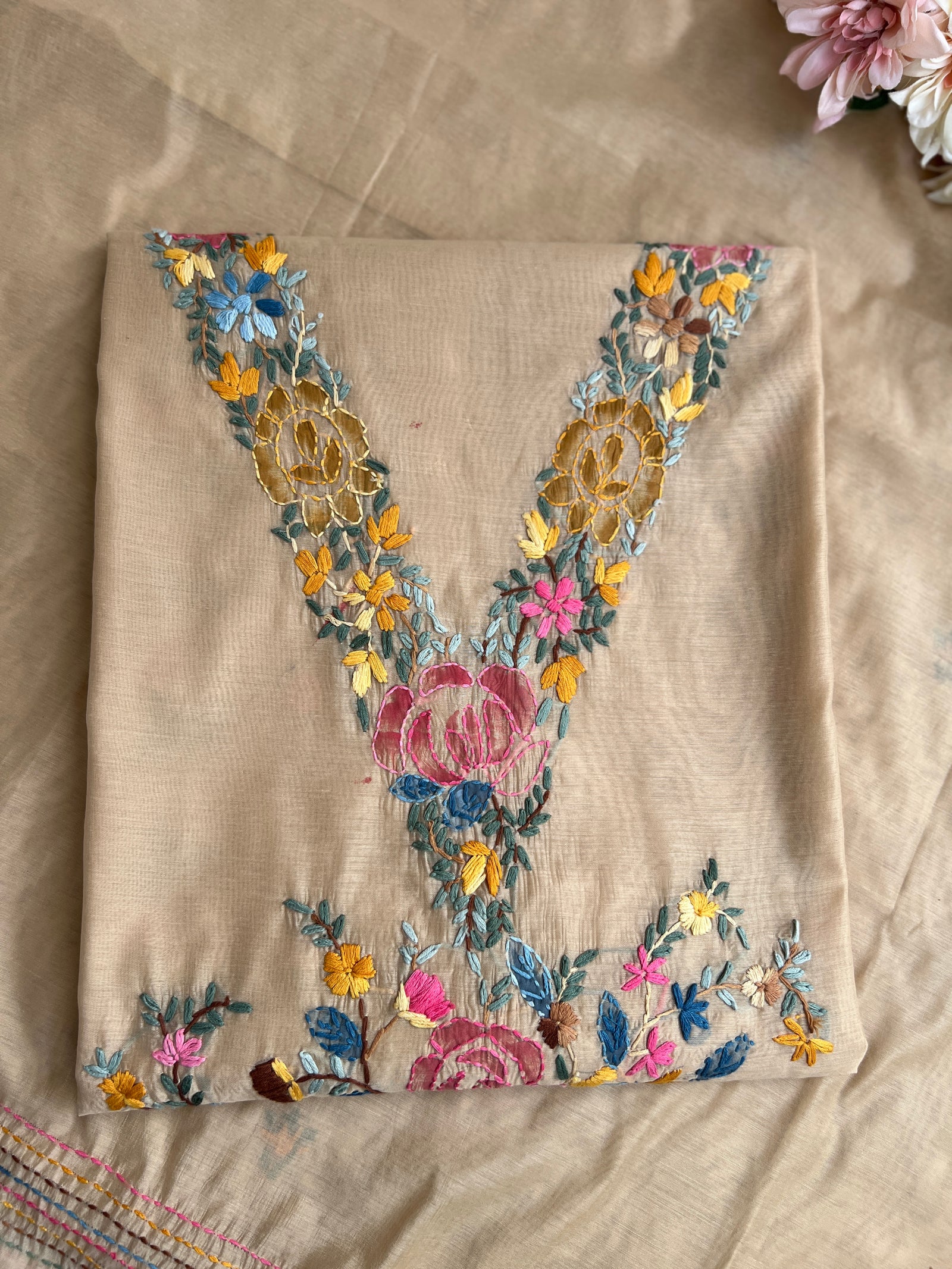 Beige Hand-Embroidered & Brush-Painted Blooms