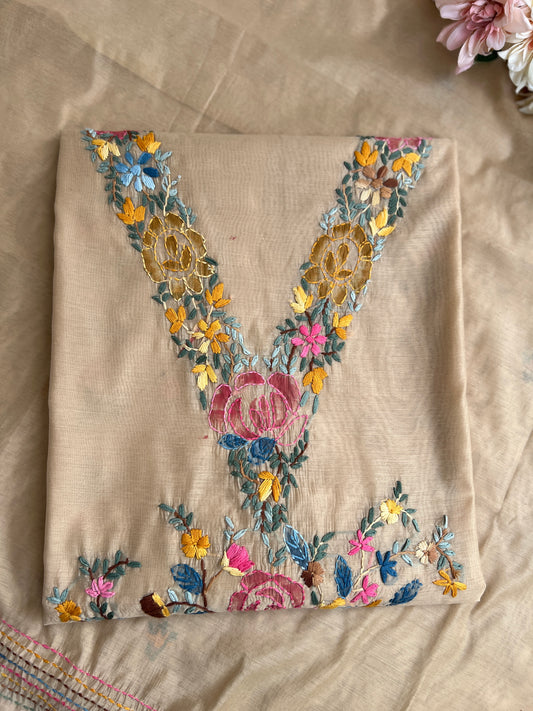 Beige Hand-Embroidered & Brush-Painted Blooms