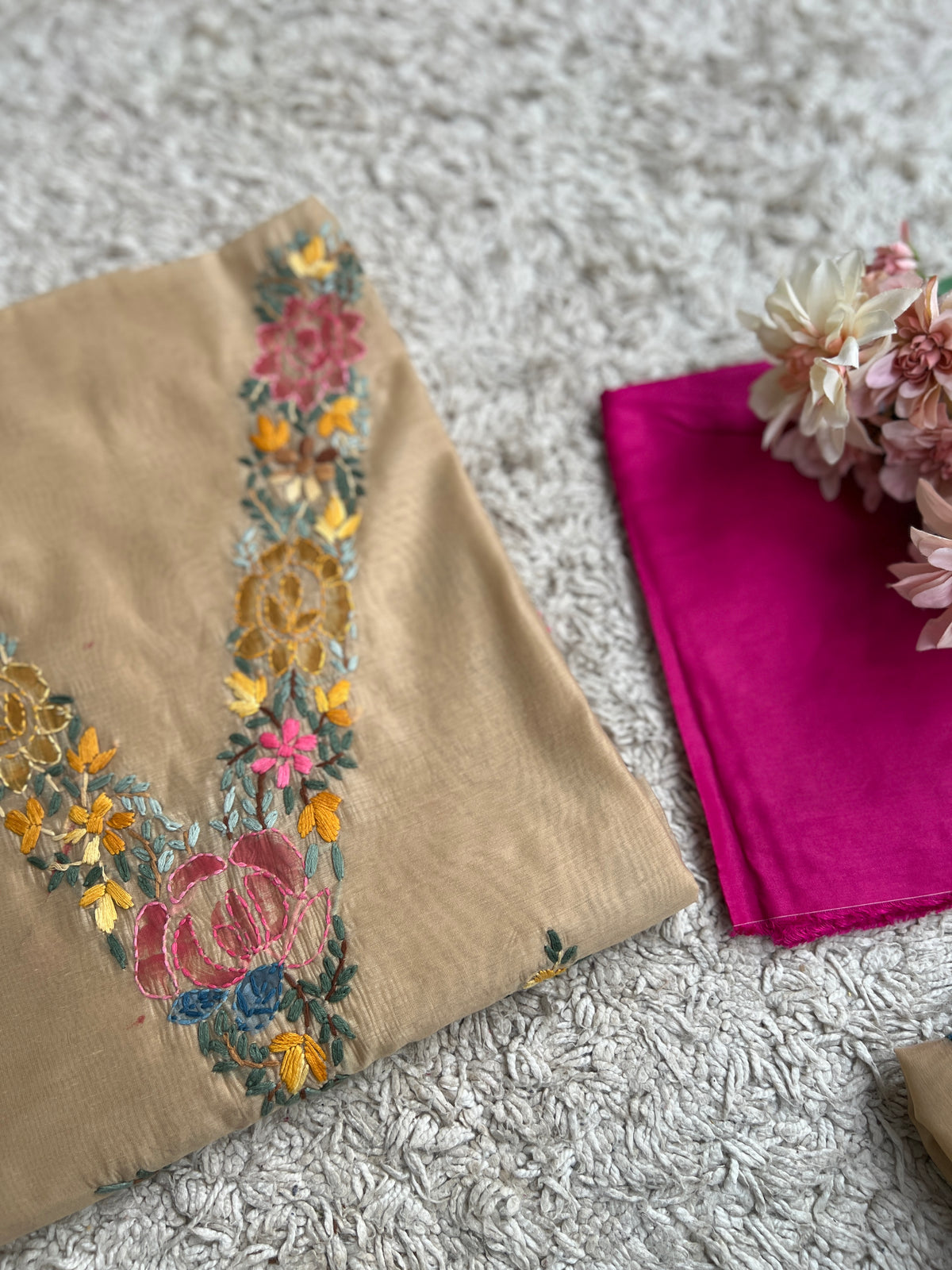 Beige Hand-Embroidered & Brush-Painted Blooms
