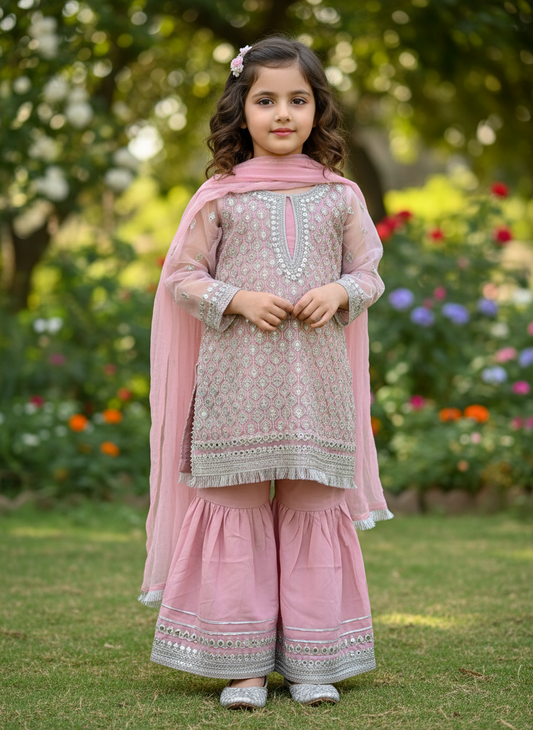 Blush Pink Mirror-Work Kurta Sharara Set