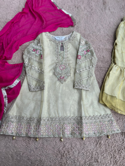 Pastel Gold Embroidered Kurta Sharara Set