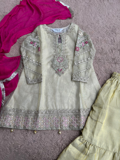 Pastel Gold Embroidered Kurta Sharara Set