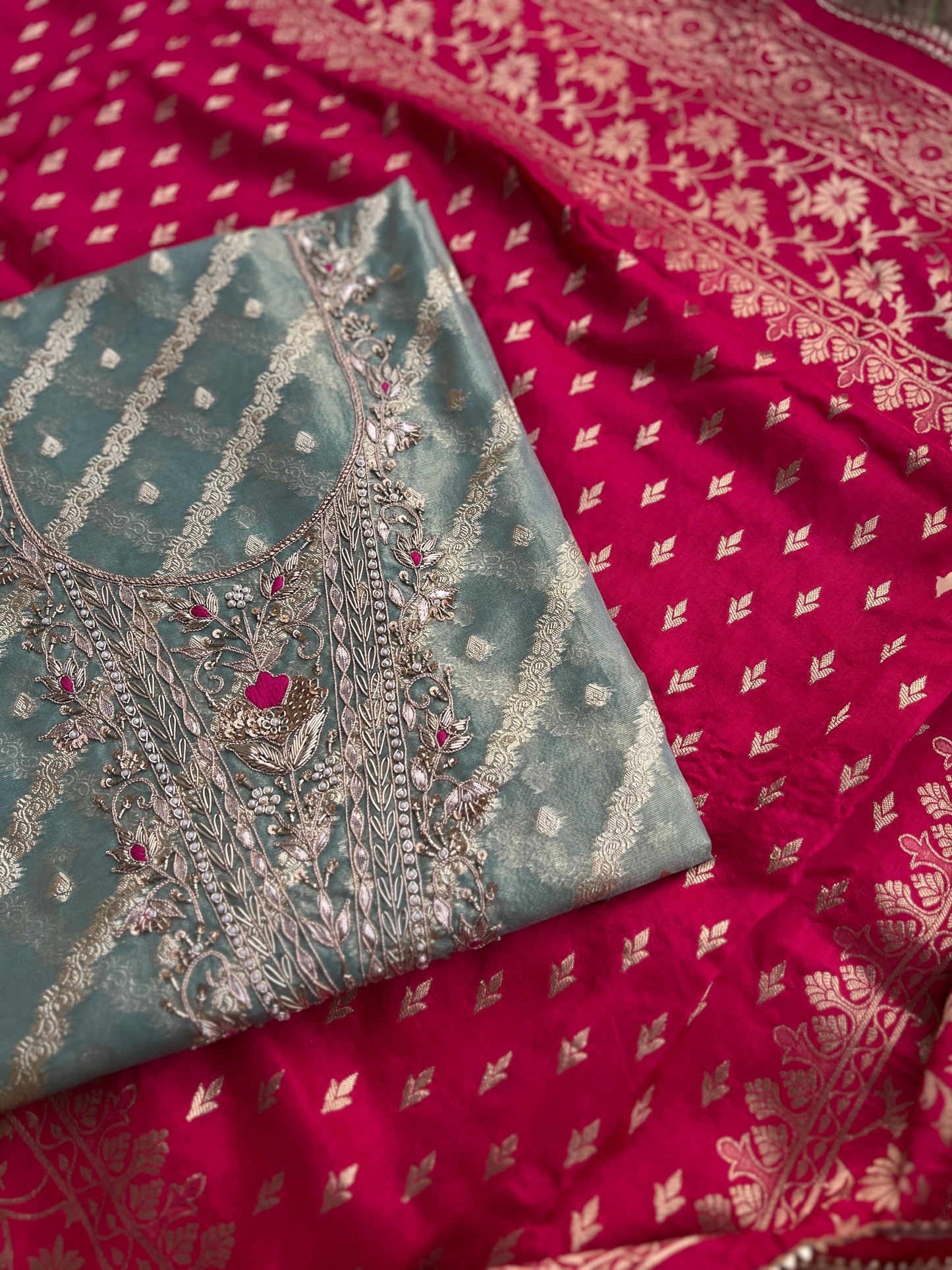 Teal Chanderi Silk Suit with Zari Weave, Hand Embroidery & Rani Banarasi Dupatta