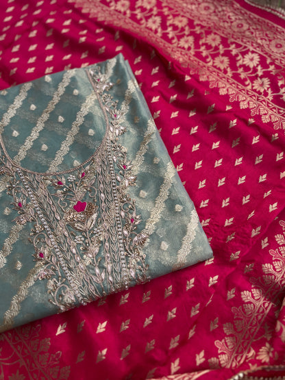 Teal Chanderi Silk Suit with Zari Weave, Hand Embroidery & Rani Banarasi Dupatta