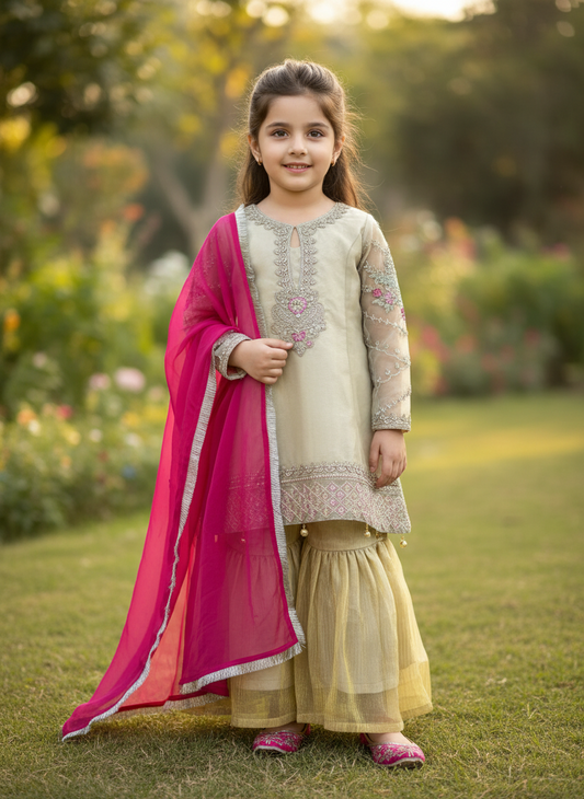 Pastel Gold Embroidered Kurta Sharara Set