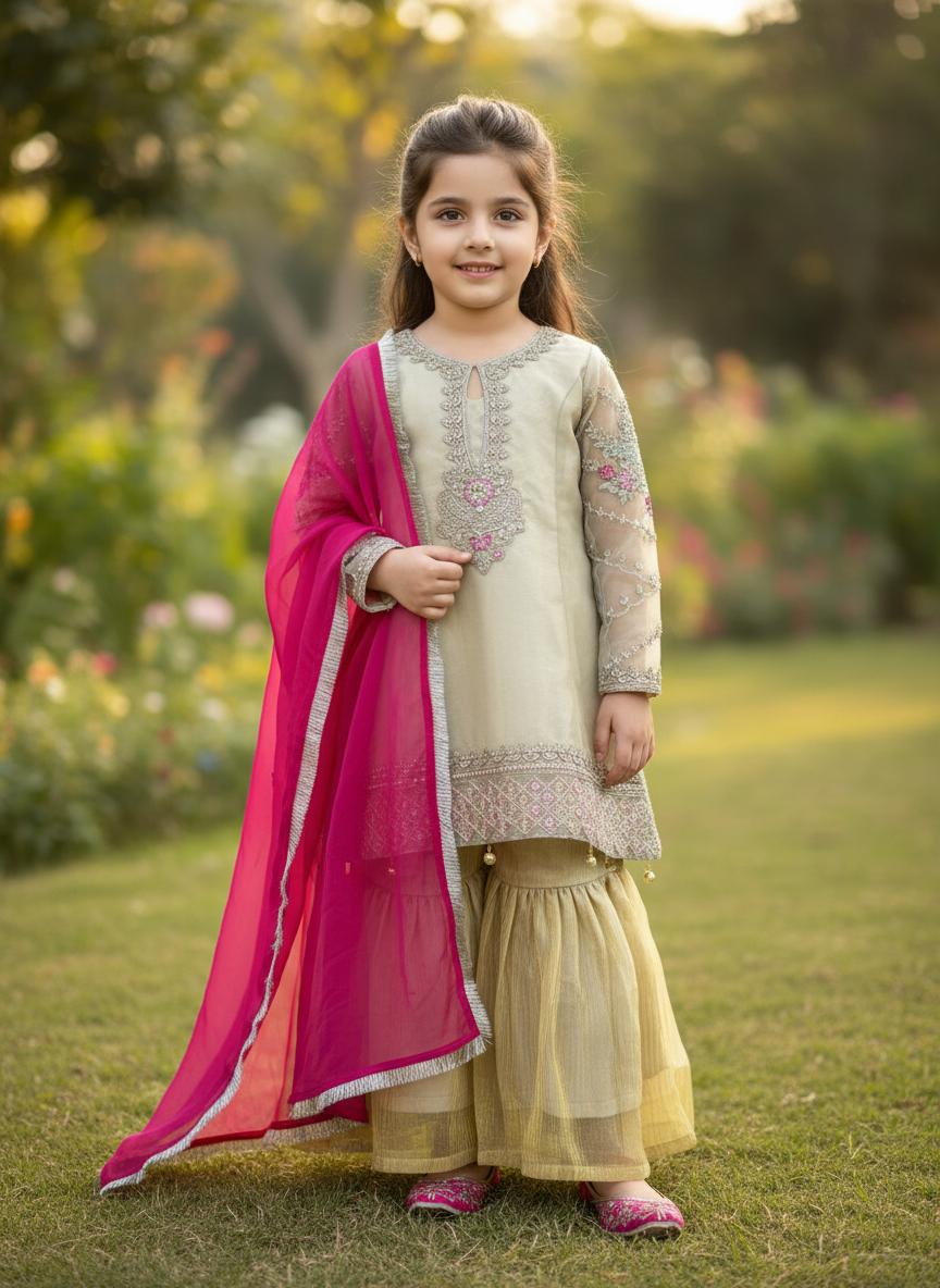Pastel Gold Embroidered Kurta Sharara Set
