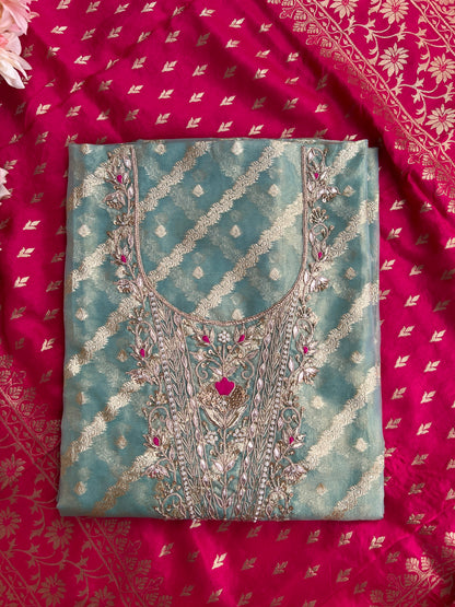 Teal Chanderi Silk Suit with Zari Weave, Hand Embroidery & Rani Banarasi Dupatta
