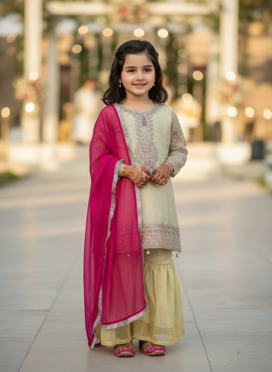 Ivory Glow Sharara Set with Hot Pink Dupatta