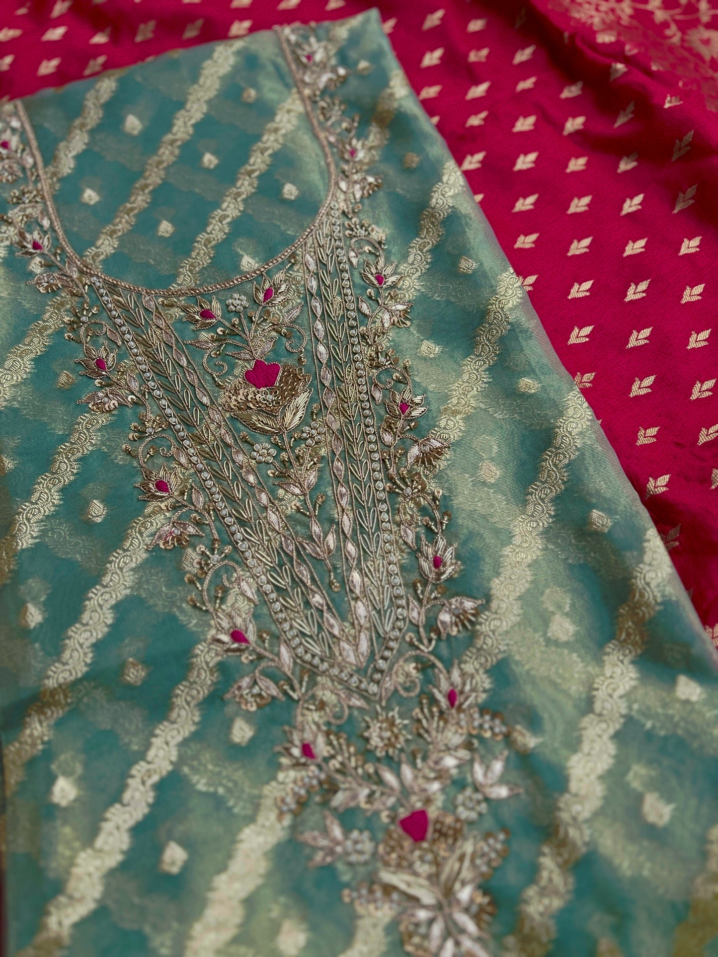 Teal Chanderi Silk Suit with Zari Weave, Hand Embroidery & Rani Banarasi Dupatta