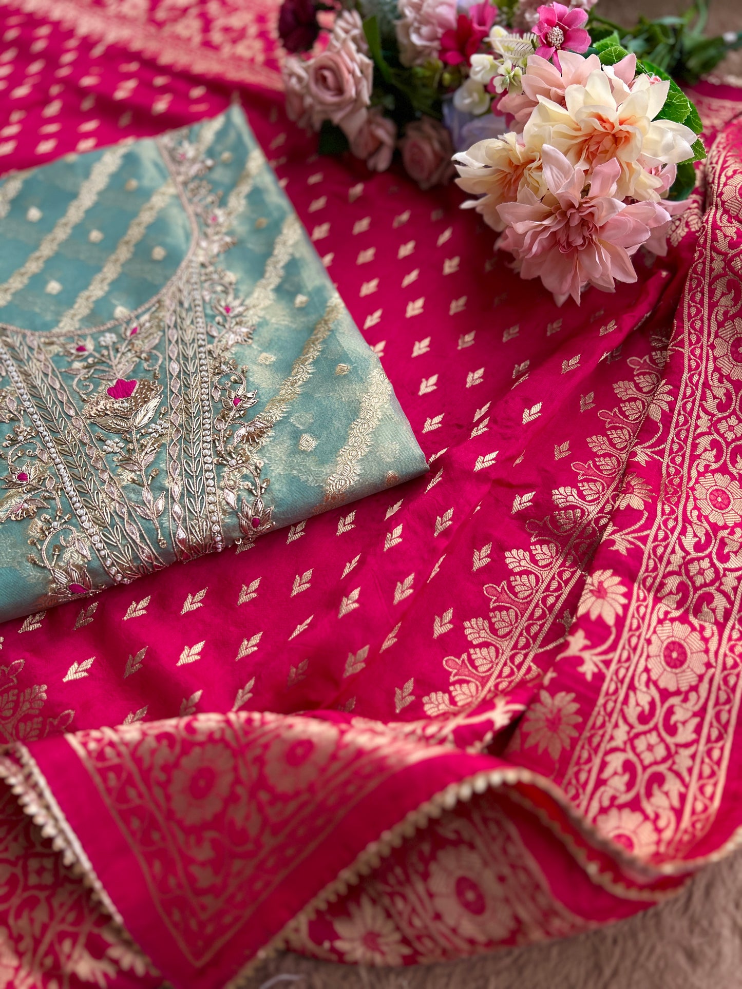 Teal Chanderi Silk Suit with Zari Weave, Hand Embroidery & Rani Banarasi Dupatta