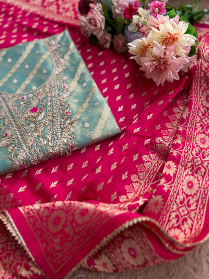 Teal Chanderi Silk Suit with Zari Weave, Hand Embroidery & Rani Banarasi Dupatta