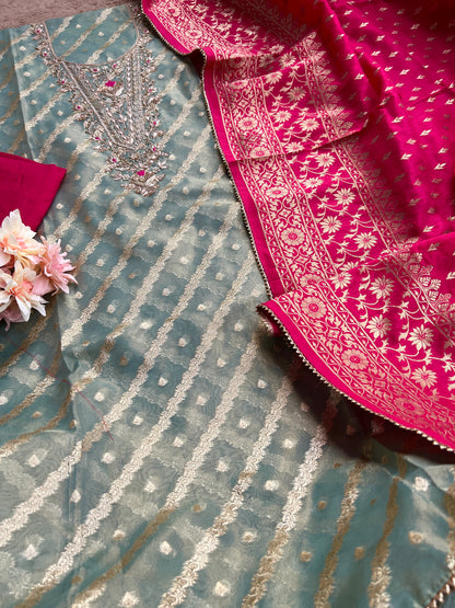 Teal Chanderi Silk Suit with Zari Weave, Hand Embroidery & Rani Banarasi Dupatta